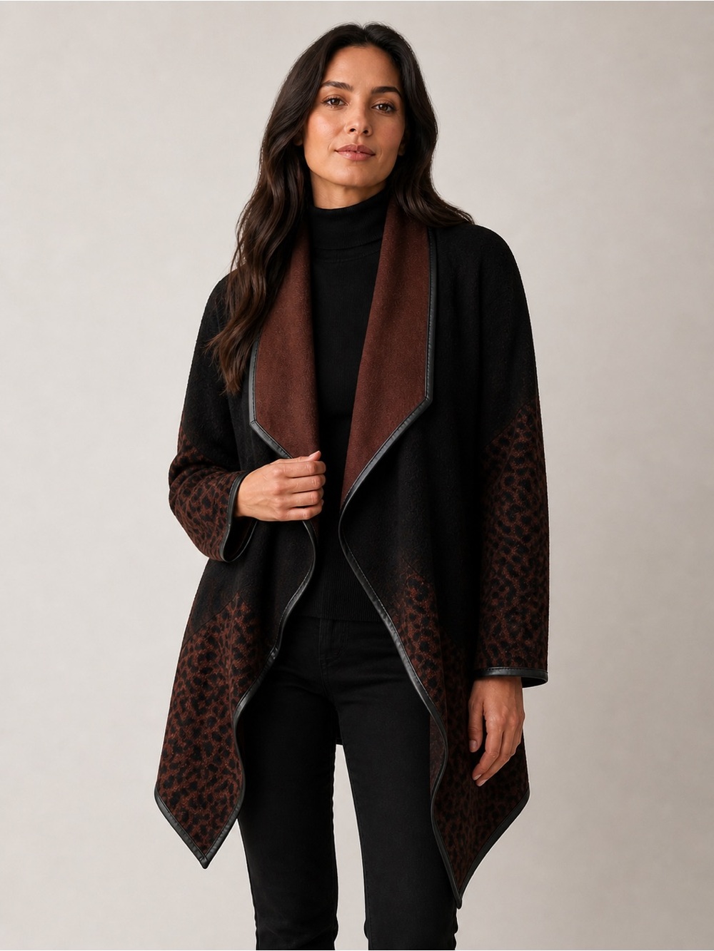 ByLyse Wool-Blend Ombre Leopard Print Waterfall Cardigan with Leather Trim